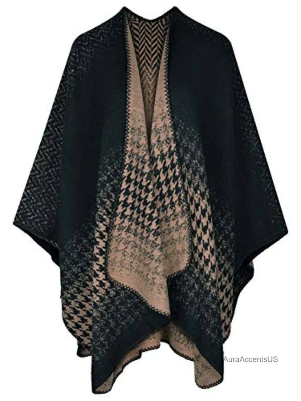 Womens Houndstooth Knitted Cardigan Wrap Shawl Poncho Cape